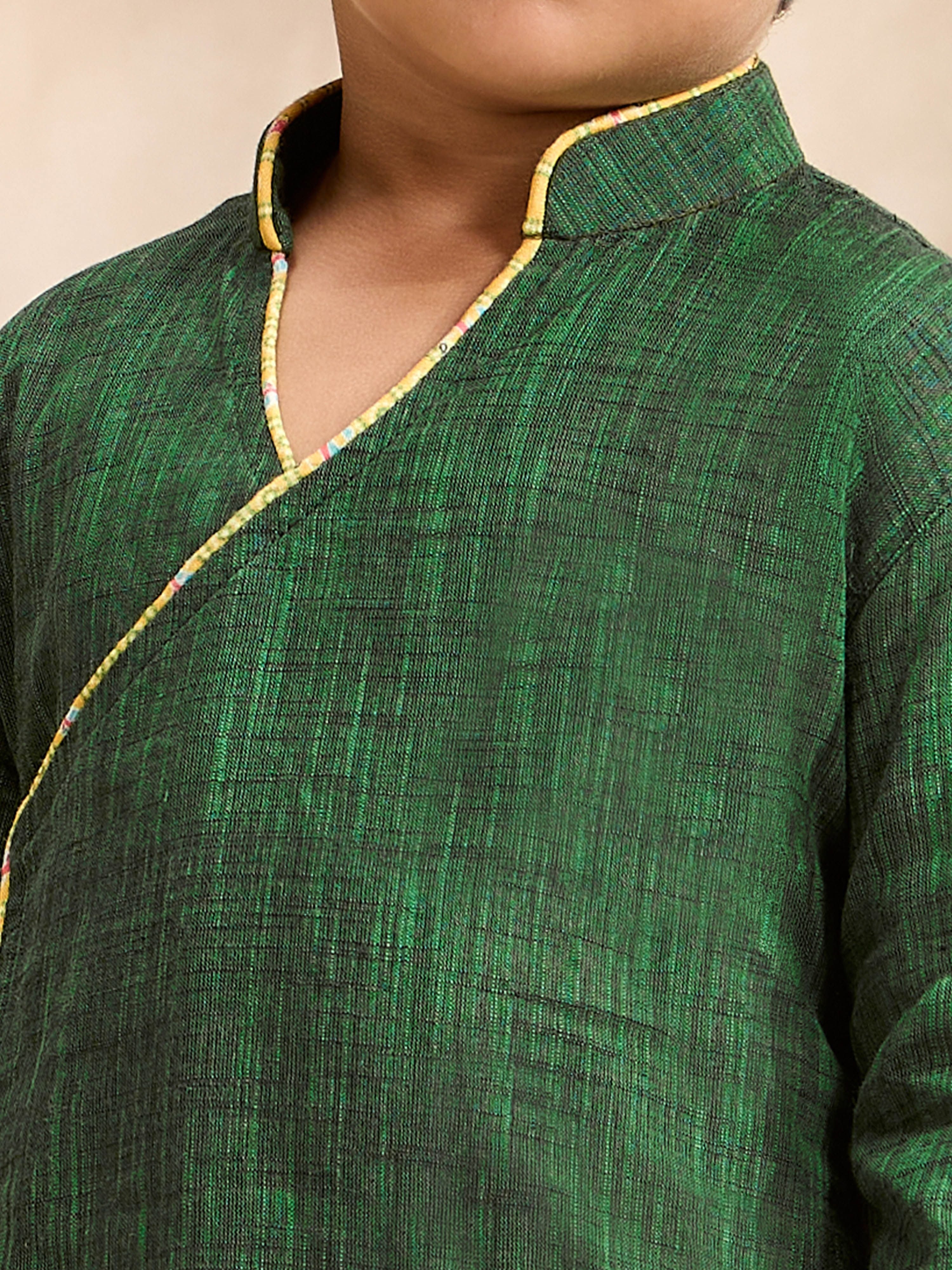 Boys's Green Cotton Embroidered Thigh Length Kurta And Dhoti Set