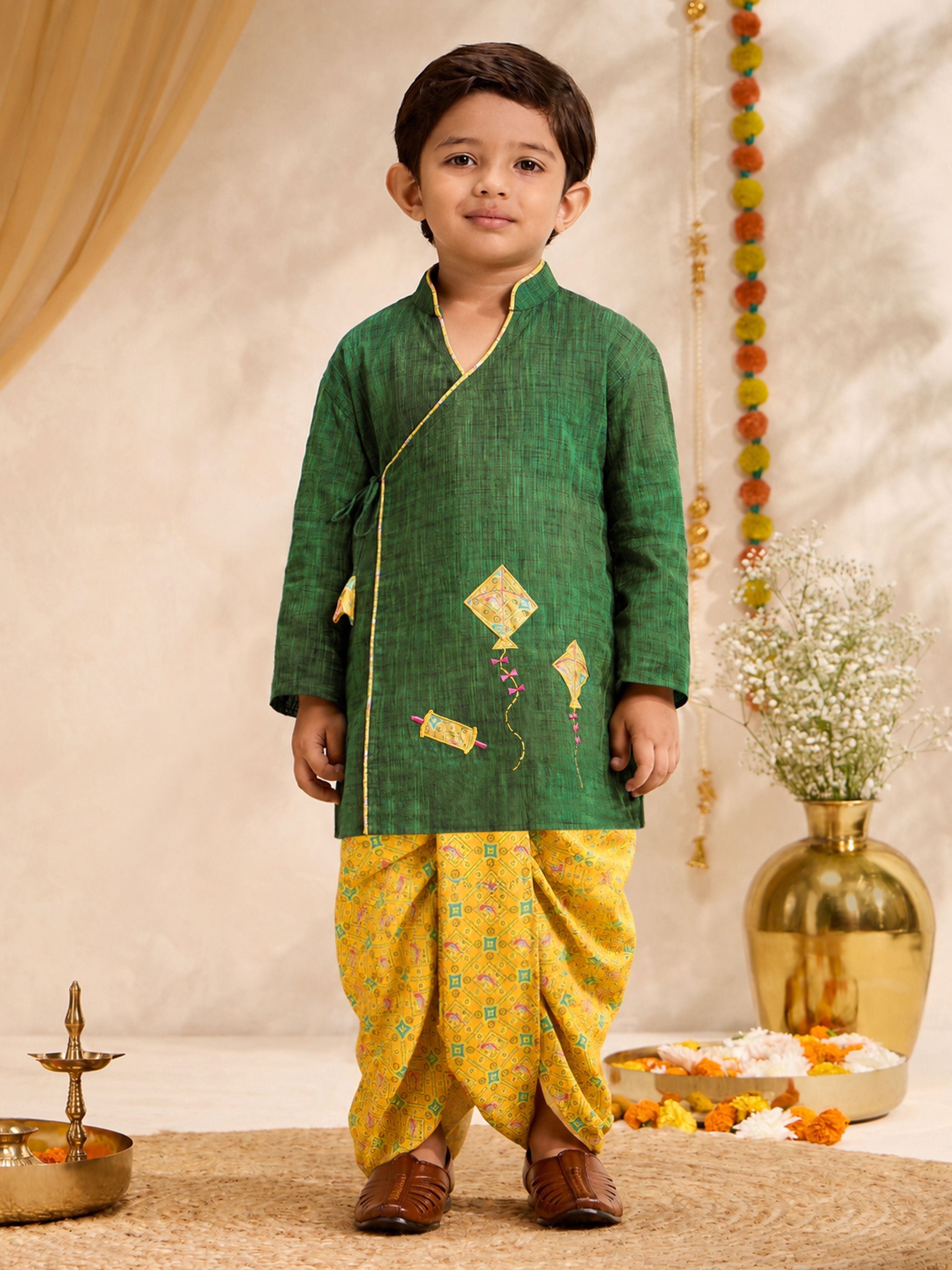 Boys's Green Cotton Embroidered Thigh Length Kurta And Dhoti Set