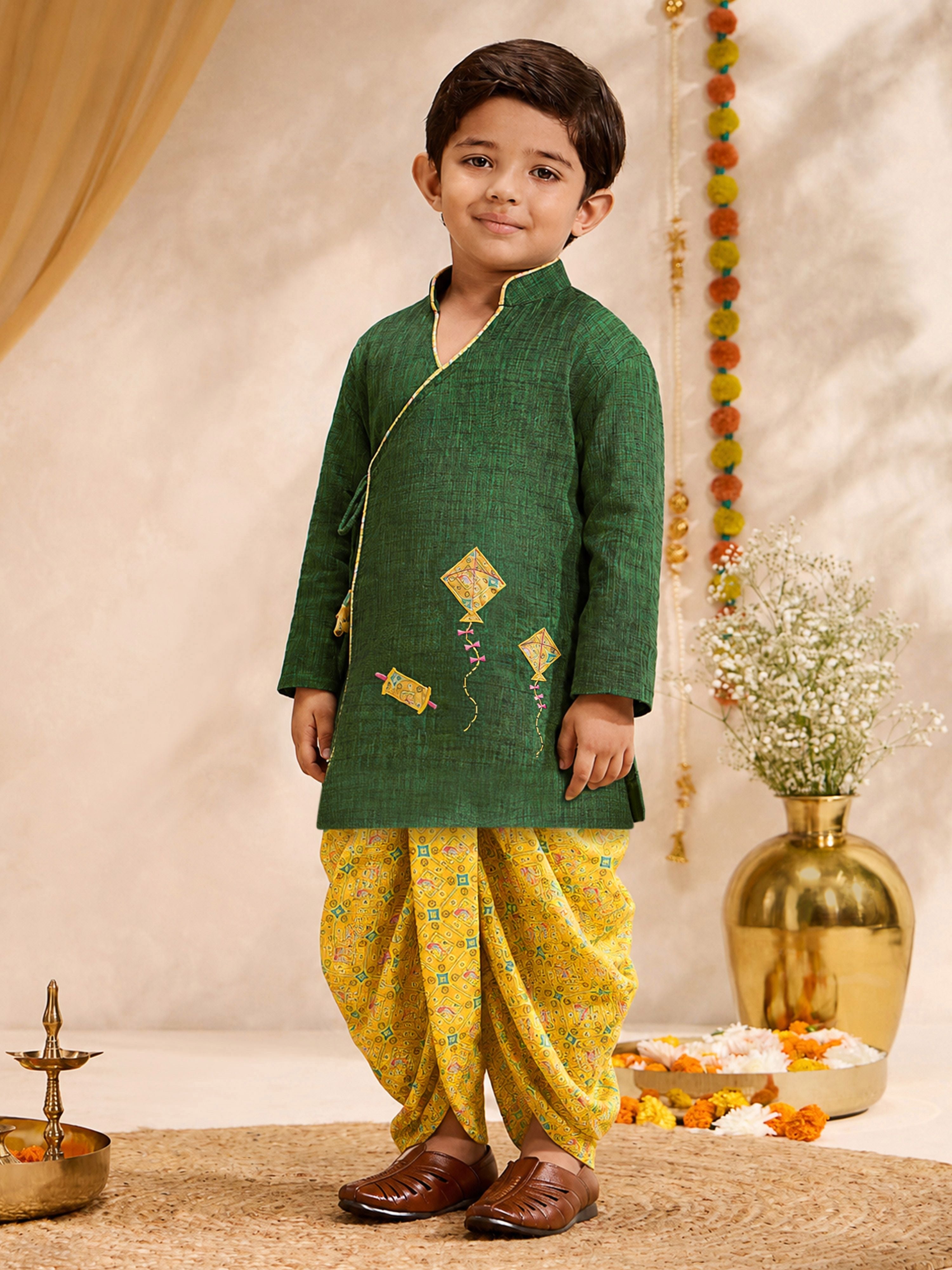 Boys's Green Cotton Embroidered Thigh Length Kurta And Dhoti Set
