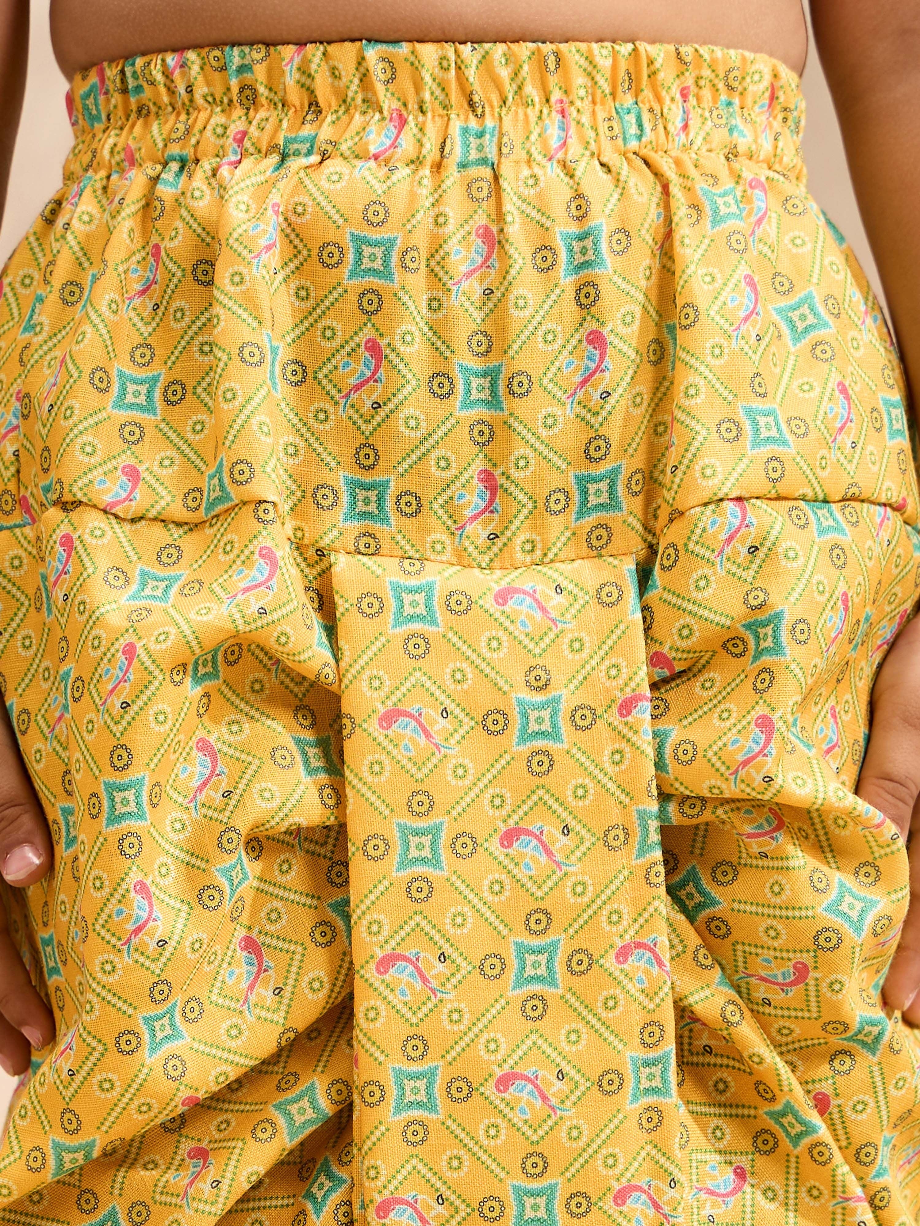 Boys's Green Cotton Embroidered Thigh Length Kurta And Dhoti Set