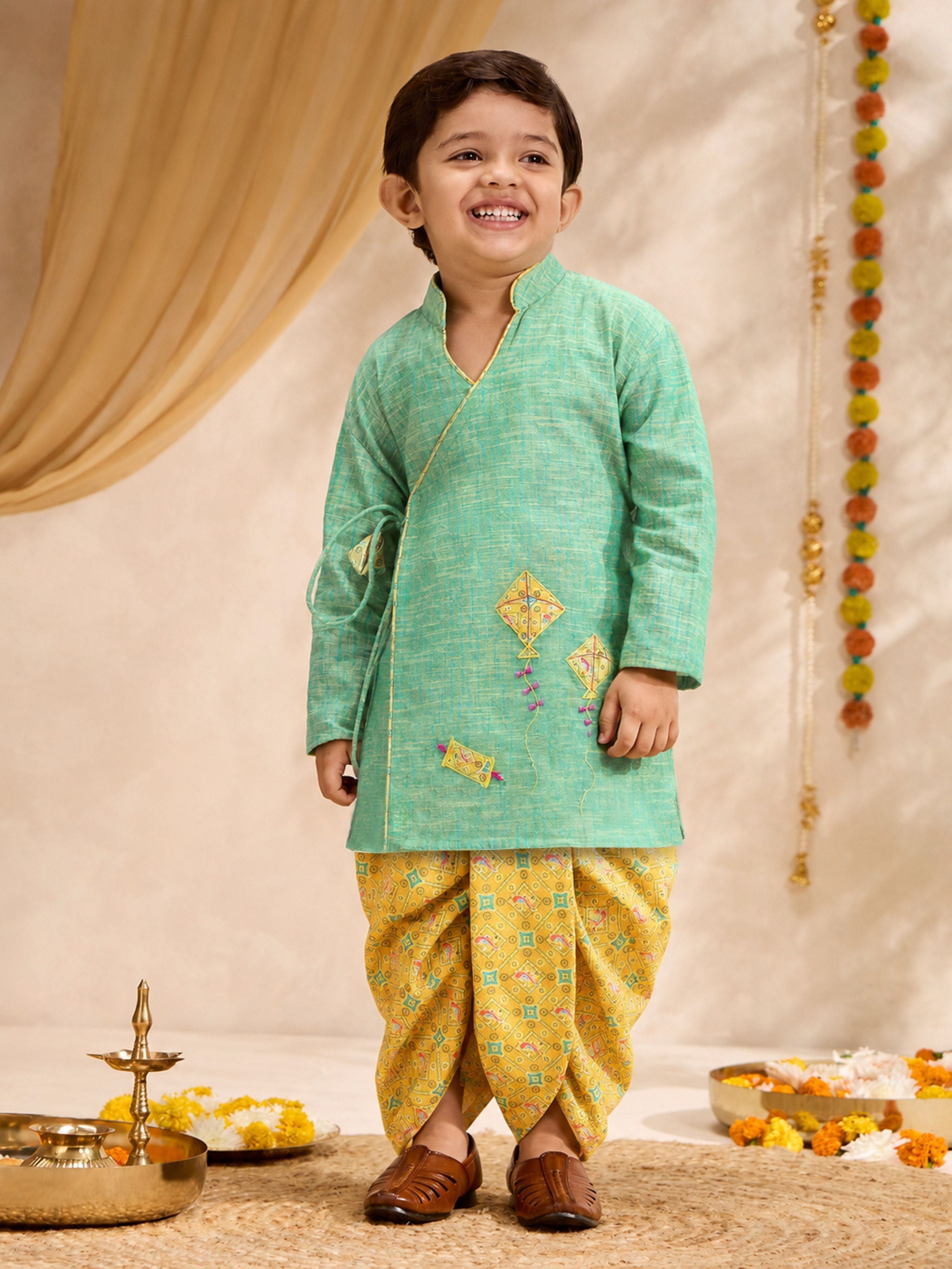 Boys Mint Green Cotton Embroidered Kurta Dhoti Set