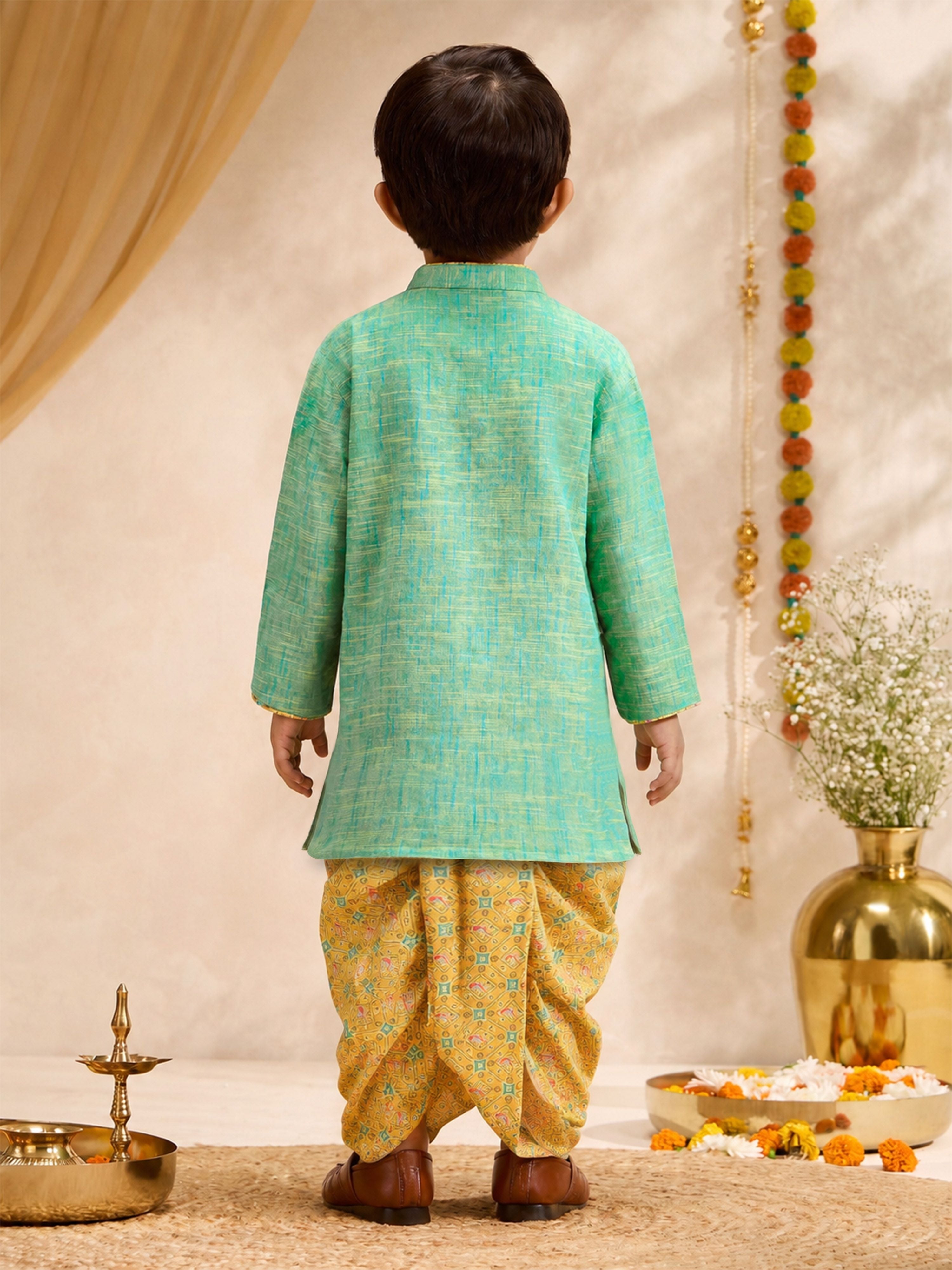 Boys's Mint Cotton Embroidered Thigh Length Kurta And Dhoti Set