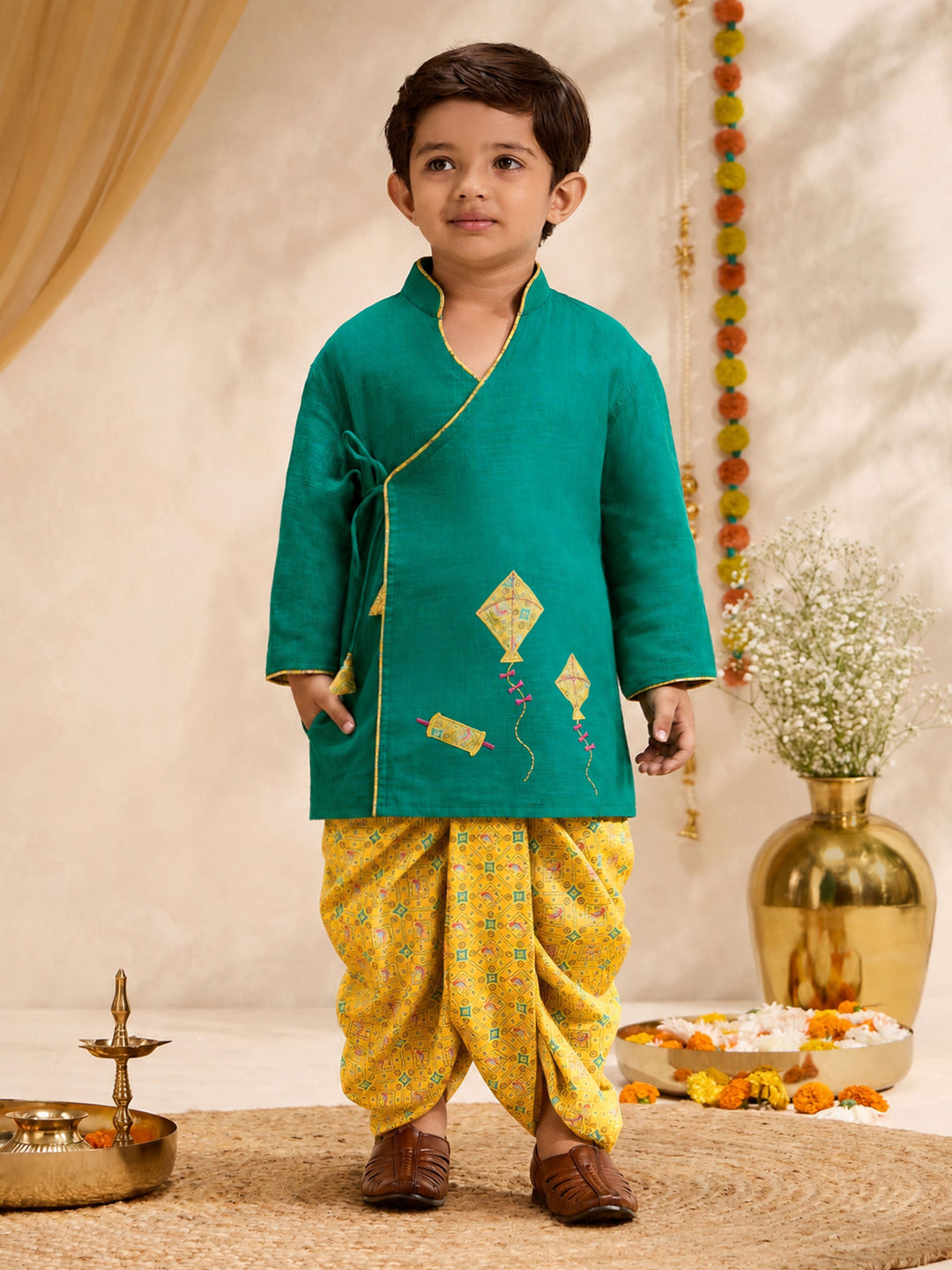 Boys Turquoise Cotton Angrakha Kurta Dhoti Set