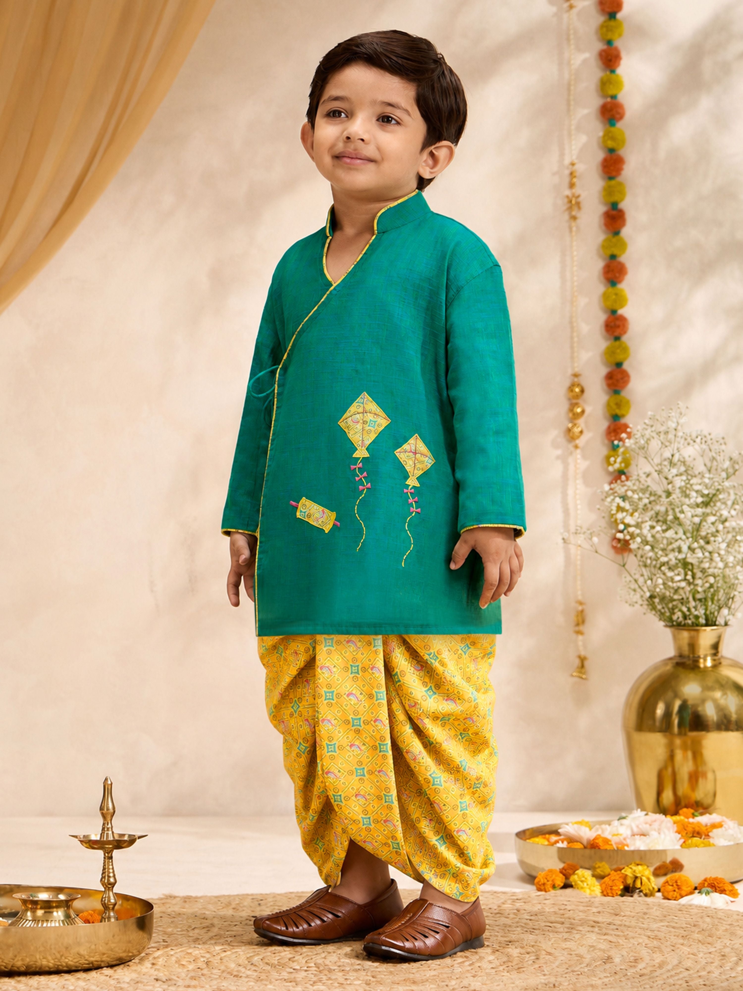 Boys's Turquoise Cotton Embroidered Thigh Length Kurta And Dhoti Set