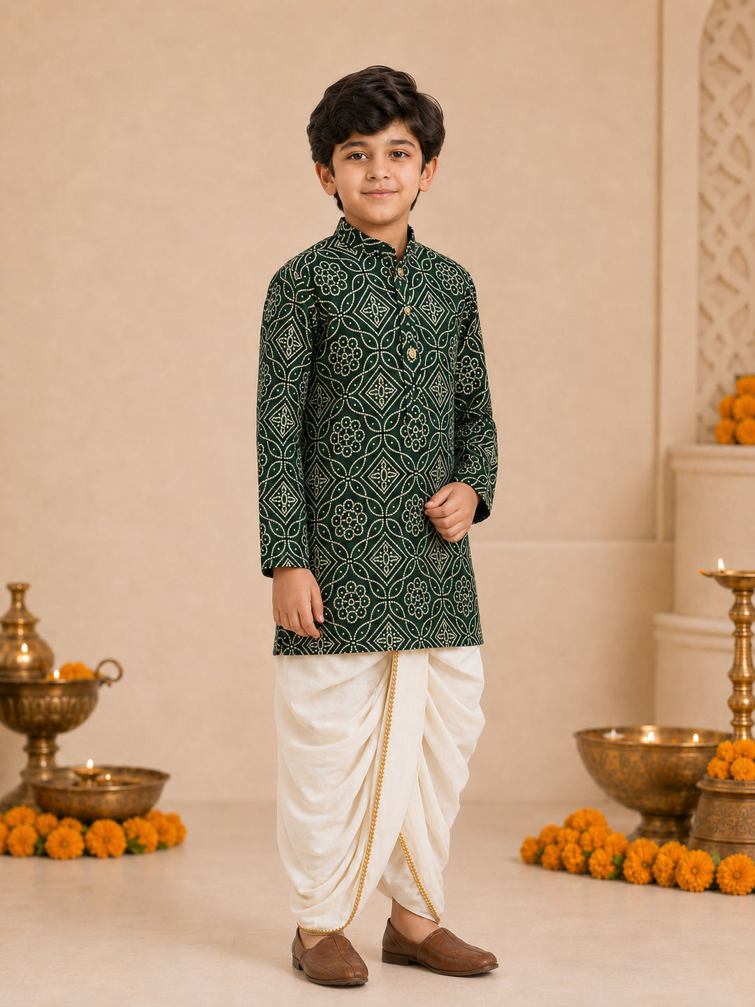 Boy Dark Green Rayon Kurta and Dhoti Set Festive, Festive Glitz, Indated Traditions, All regions, Raksha Bandhan, Navratri Ethnic Wear