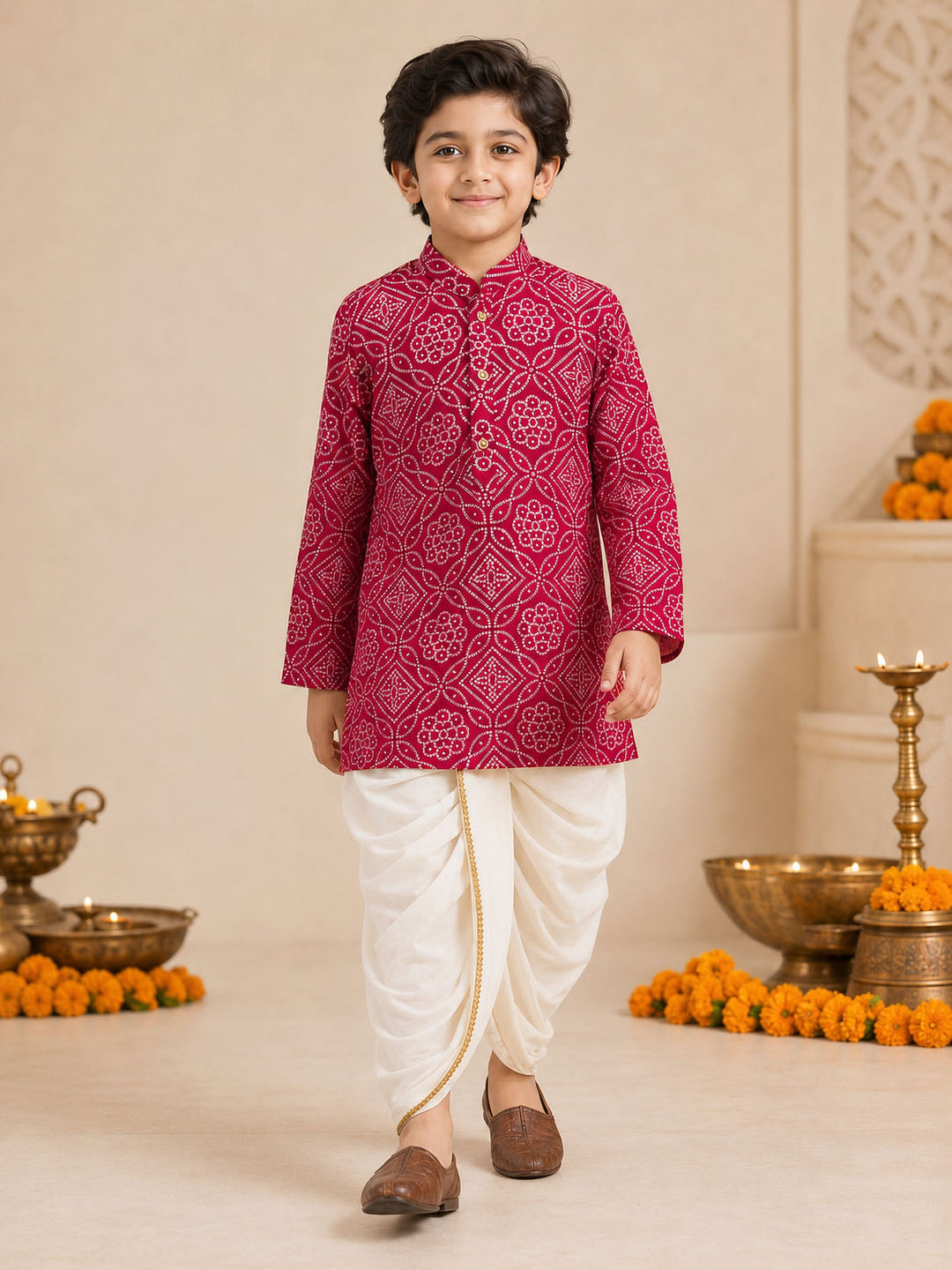 Boy Red Rayon Kurta and Dhoti Set Festive, Festive Glitz, Indated Traditions, All regions, Raksha Bandhan, Navratri Ethnic Wear