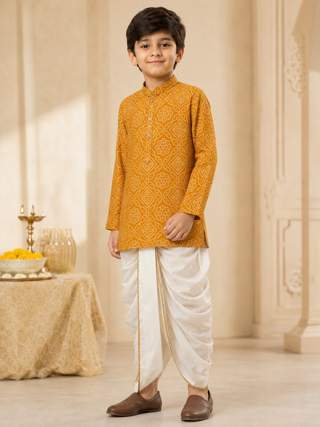 Boy Mustard Rayon Kurta and Dhoti Set Festive, Festive Glitz, Indated Traditions, All regions, Raksha Bandhan, Navratri Ethnic Wear