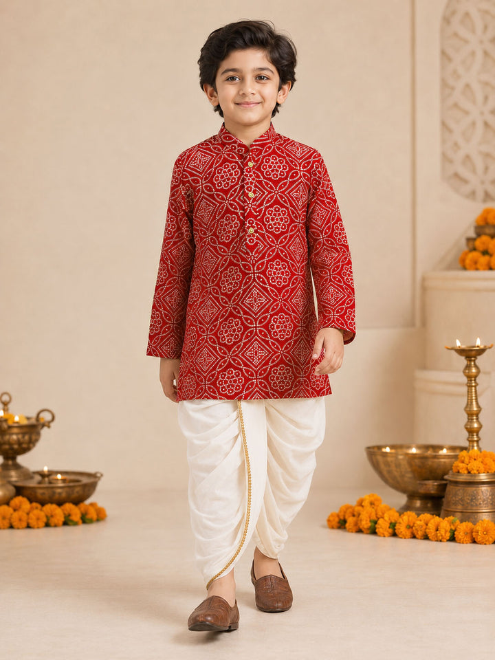 Boy Red Rayon Kurta and Dhoti Set Festive, Festive Glitz, Indated Traditions, All regions, Raksha Bandhan, Navratri Ethnic Wear