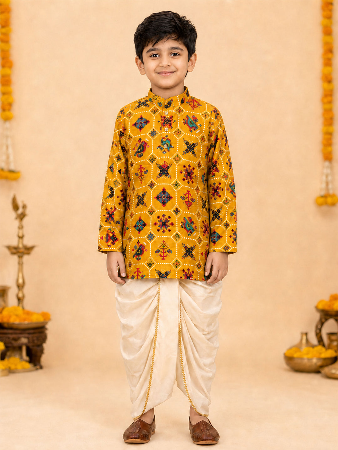 Boy Mustard Rayon Kurta and Dhoti Set Festive, Festive Glitz, Indated Traditions, All regions, Raksha Bandhan, Navratri Ethnic Wear