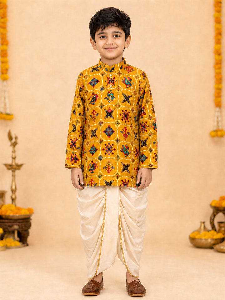 Boy Mustard Rayon Kurta and Dhoti Set Festive, Festive Glitz, Indated Traditions, All regions, Raksha Bandhan, Navratri Ethnic Wear