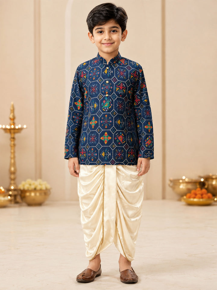 Boy Navy Blue Rayon Kurta and Dhoti Set Festive, Festive Glitz, Indated Traditions, All regions, Raksha Bandhan, Navratri Ethnic Wear