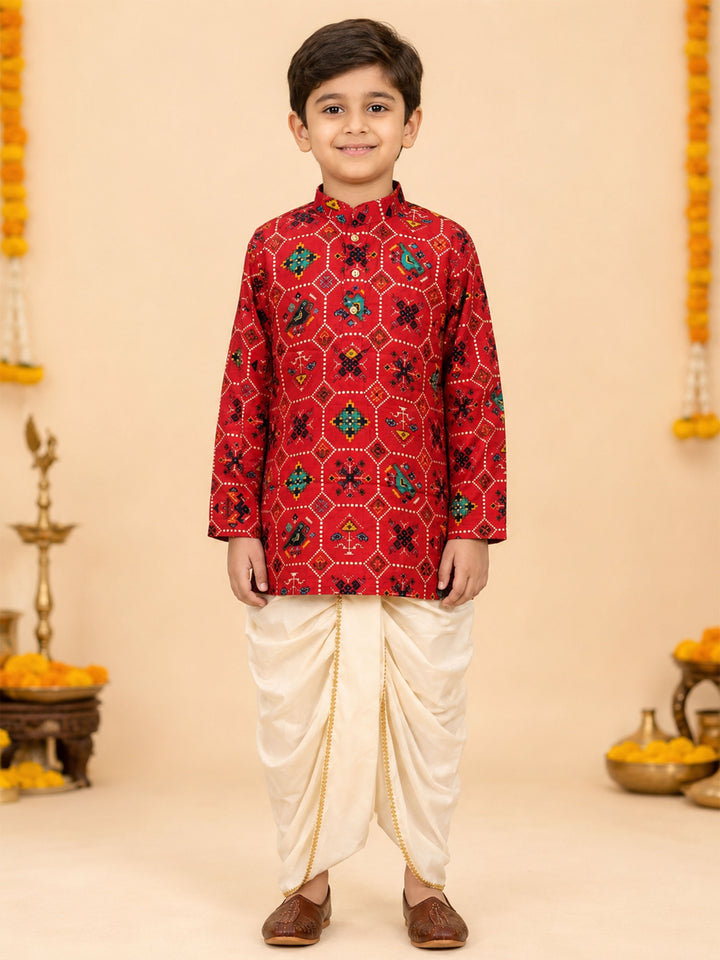 Boy Red Rayon Kurta and Dhoti Set Festive, Festive Glitz, Indated Traditions, All regions, Raksha Bandhan, Navratri Ethnic Wear
