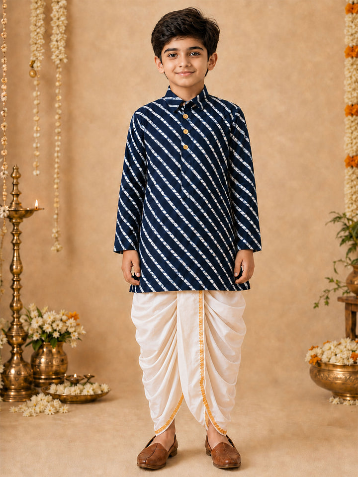 Boy Navy Blue Rayon Kurta and Dhoti Set Festive, Festive Glitz, Indated Traditions, All regions, Raksha Bandhan, Navratri Ethnic Wear