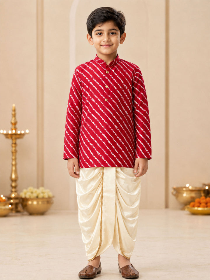 Boy Red Rayon Kurta and Dhoti Set Festive, Festive Glitz, Indated Traditions, All regions, Raksha Bandhan, Navratri Ethnic Wear