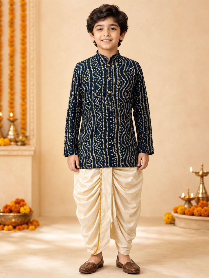 Boy Blue Rayon Kurta and Dhoti Set Festive, Festive Glitz, Indated Traditions, All regions, Raksha Bandhan, Navratri Ethnic Wear