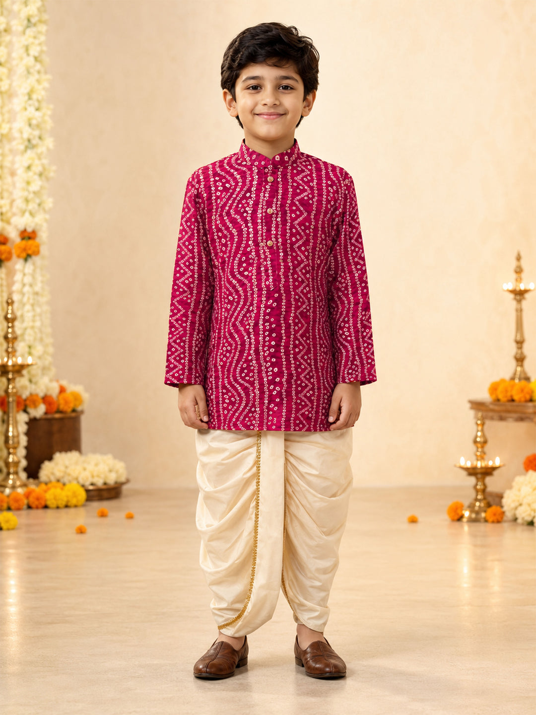 Boy Fuchsia Rayon Kurta and Dhoti Set Festive, Festive Glitz, Indated Traditions, All regions, Raksha Bandhan, Navratri Ethnic Wear