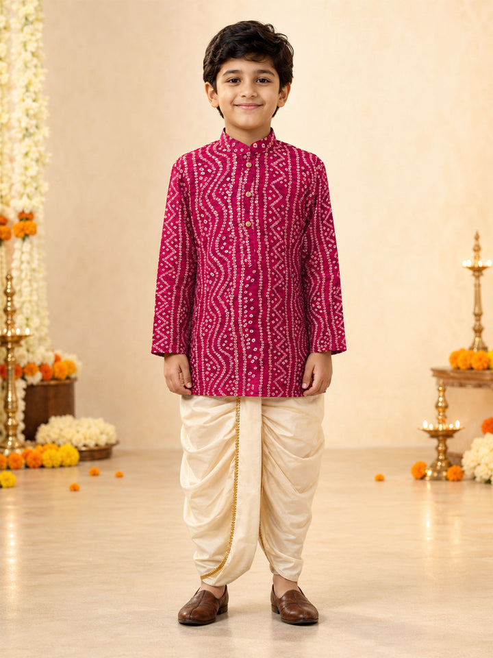 Boy Fuchsia Rayon Kurta and Dhoti Set Festive, Festive Glitz, Indated Traditions, All regions, Raksha Bandhan, Navratri Ethnic Wear