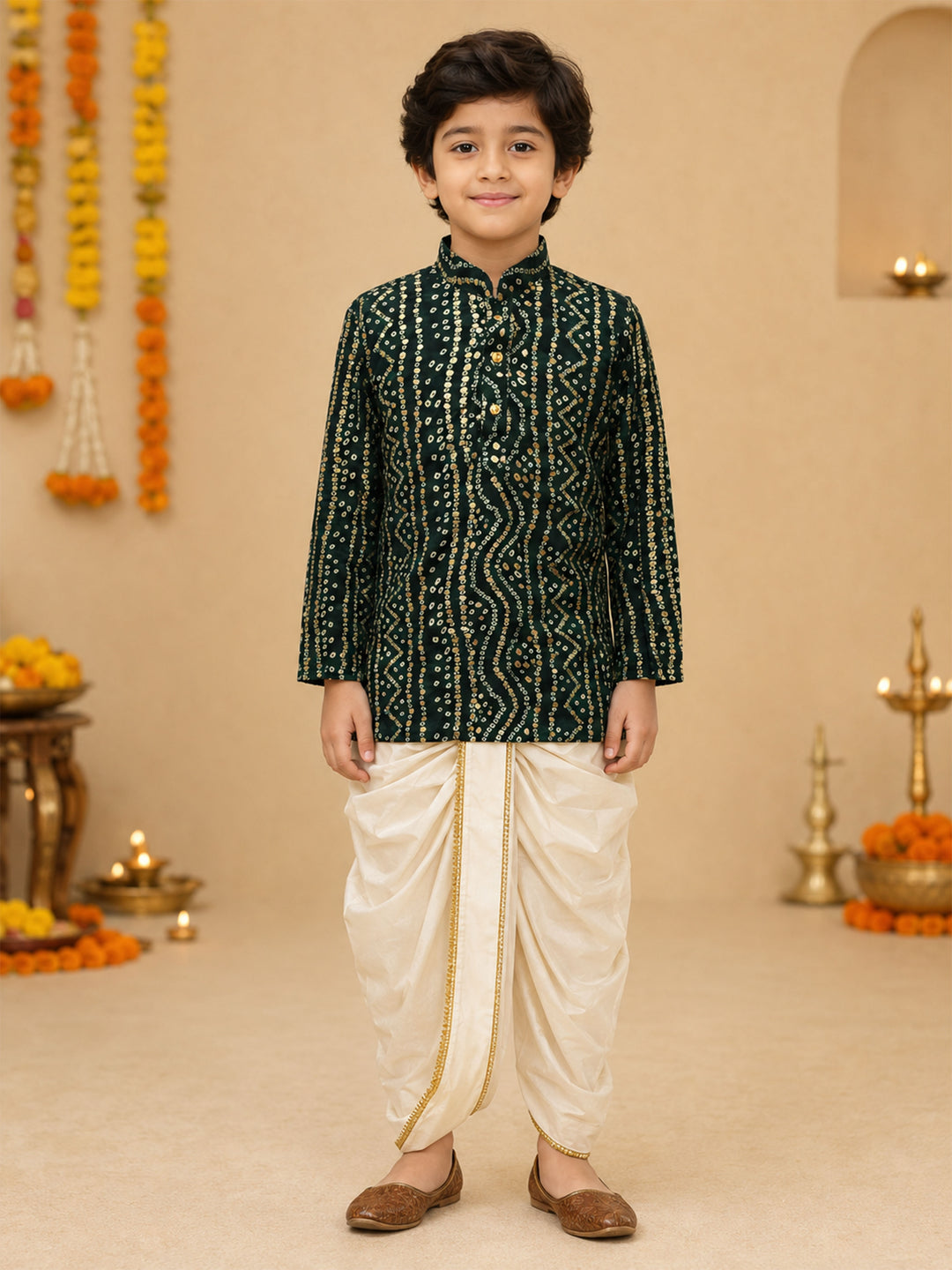 Boy Green Rayon Kurta and Dhoti Set Festive, Festive Glitz, Indated Traditions, All regions, Raksha Bandhan, Navratri Ethnic Wear