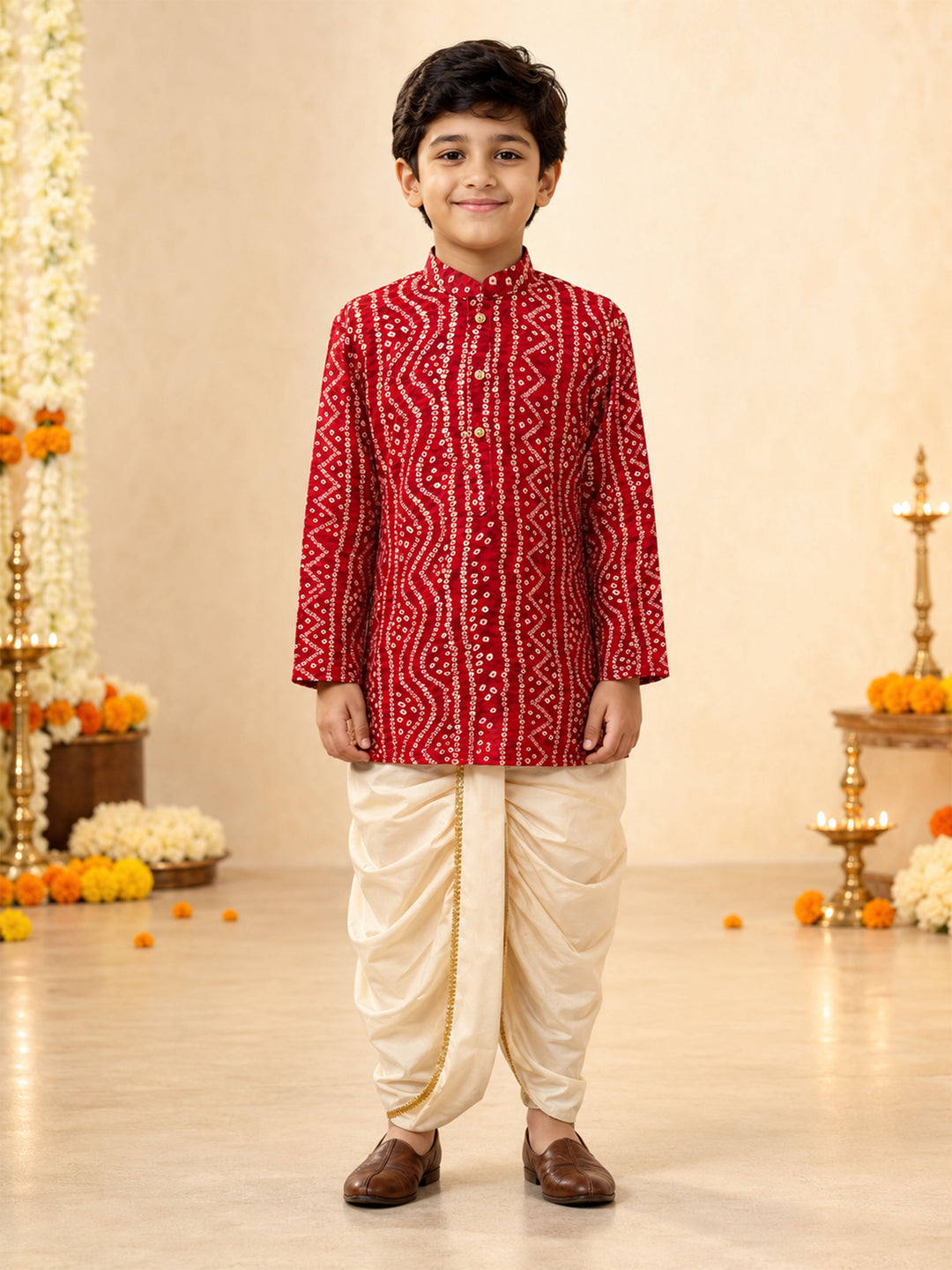 Boy Red Rayon Kurta and Dhoti Set Festive, Festive Glitz, Indated Traditions, All regions, Raksha Bandhan, Navratri Ethnic Wear
