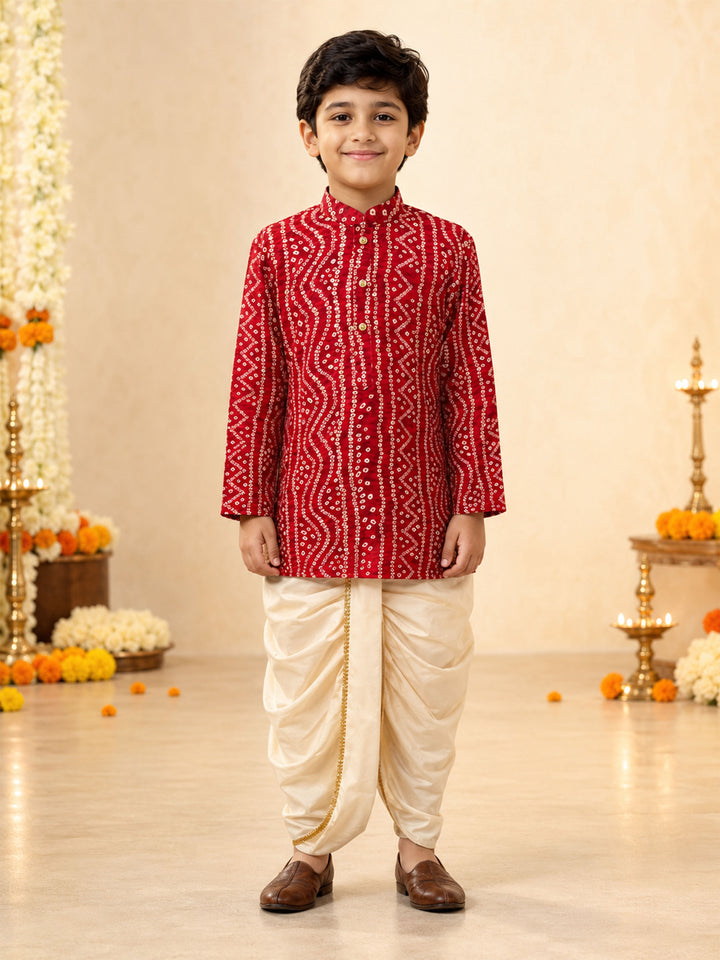 Boy Red Rayon Kurta and Dhoti Set Festive, Festive Glitz, Indated Traditions, All regions, Raksha Bandhan, Navratri Ethnic Wear