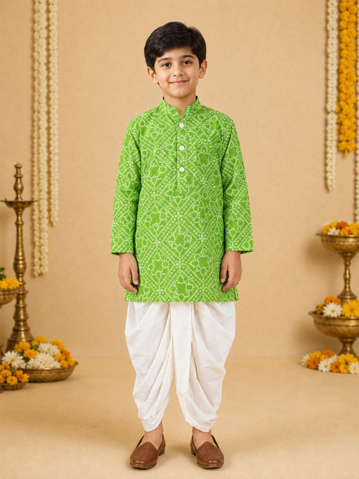 Boy Green Cotton Kurta and Dhoti Set Festive, Festive Glitz, Indated Traditions, All regions, Raksha Bandhan, Navratri Ethnic Wear