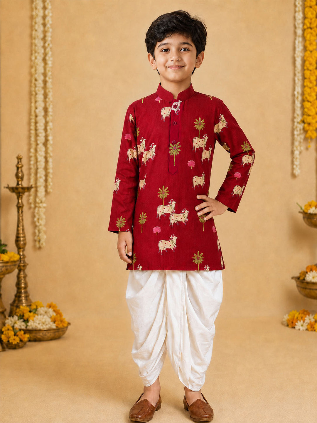 Boy Maroon Cotton Kurta and Dhoti Set Festive, Festive Glitz, Indated Traditions, All regions, Raksha Bandhan, Navratri Ethnic Wear