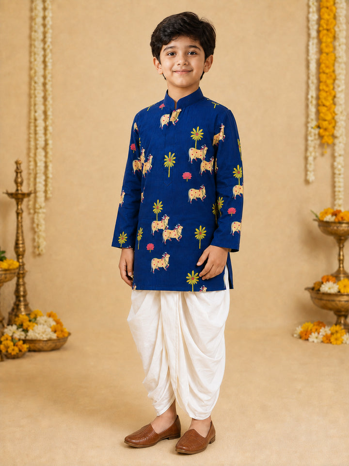 Boy Navy Blue Cotton Kurta and Dhoti Set Festive, Festive Glitz, Indated Traditions, All regions, Raksha Bandhan, Navratri Ethnic Wear