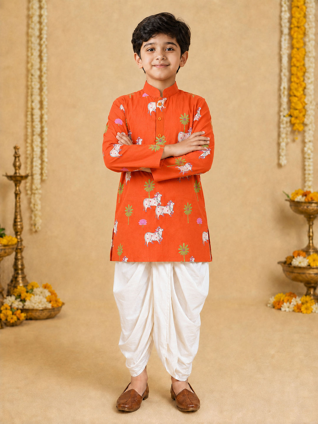 Boy Orange Cotton Kurta and Dhoti Set Festive, Festive Glitz, Indated Traditions, All regions, Raksha Bandhan, Navratri Ethnic Wear