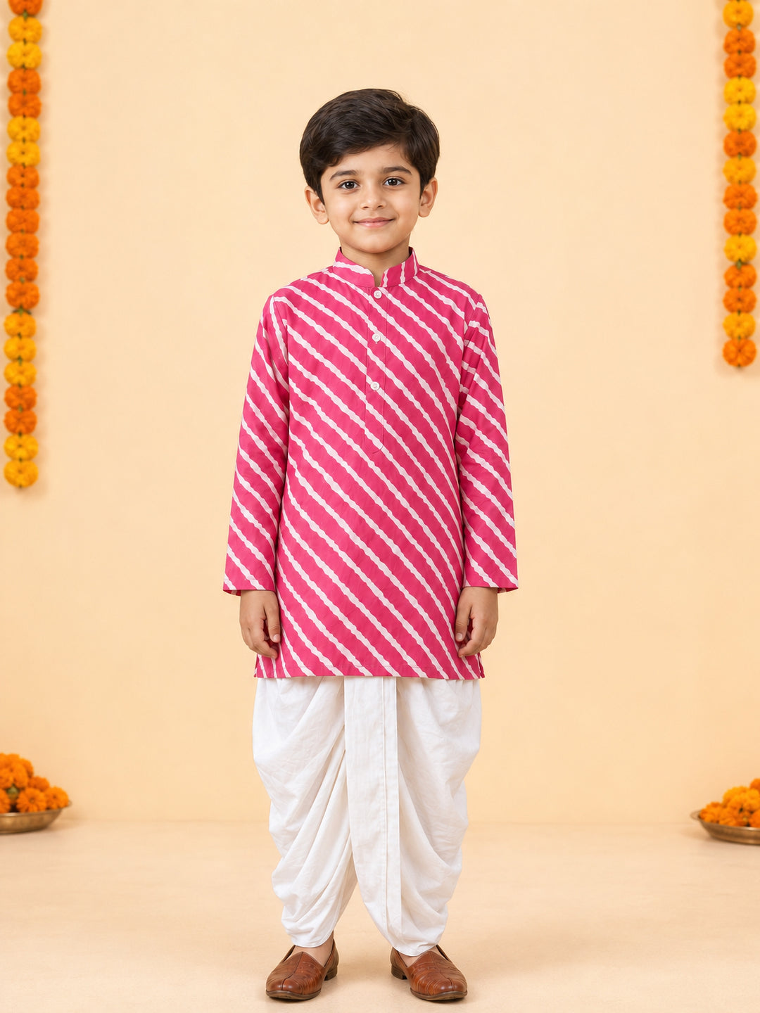 Boy Pink Cotton Kurta and Dhoti Set Festive, Festive Glitz, Indated Traditions, All regions, Raksha Bandhan, Navratri Ethnic Wear