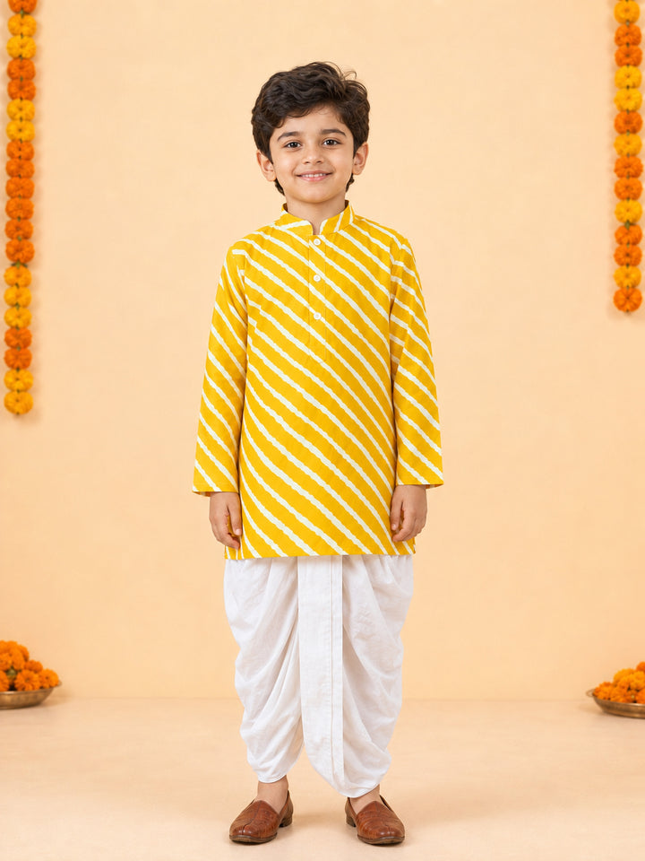 Boy Yellow Cotton Kurta and Dhoti Set Festive, Festive Glitz, Indated Traditions, All regions, Raksha Bandhan, Navratri Ethnic Wear