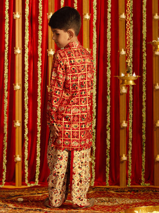 VASTRAMAY Boys' Red And Cream Patola Print Ethnic Kurta And Dhoti Set