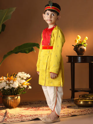 Vastramay Infant Boys' Yellow And Cream Silk Blend Kurta and Dhoti Set