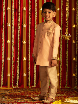 VASTRAMAY Boys' Pink Silk Sblend Solid Sherwani Set