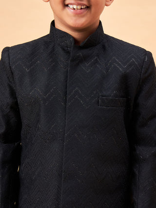 VASTRAMAY Boy's Black Glitter Indo Western Sherwani Set