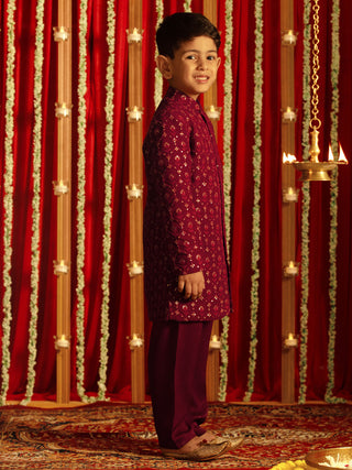VASTRAMAY Boys' Maroon Georgette Embroidered Indo Western Set