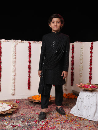 VASTRAMAY Boys' Black Pleated Embroidered Sherwani Set
