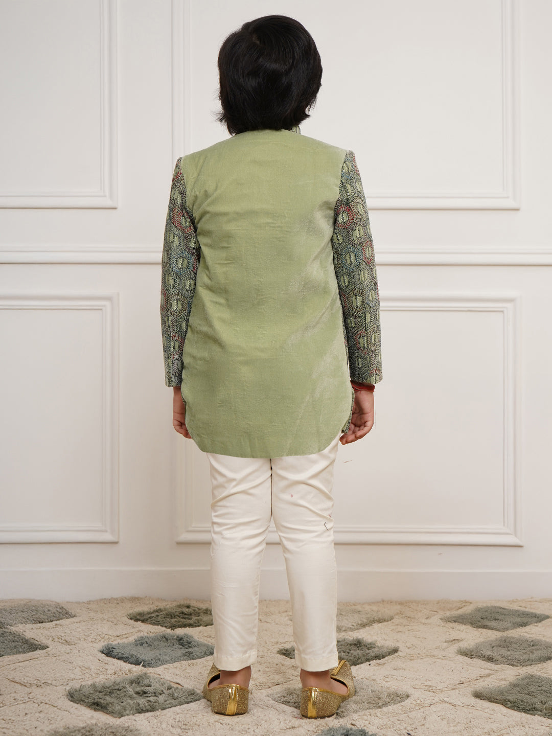 Boy's' Green Indo Western And Pyjama Set