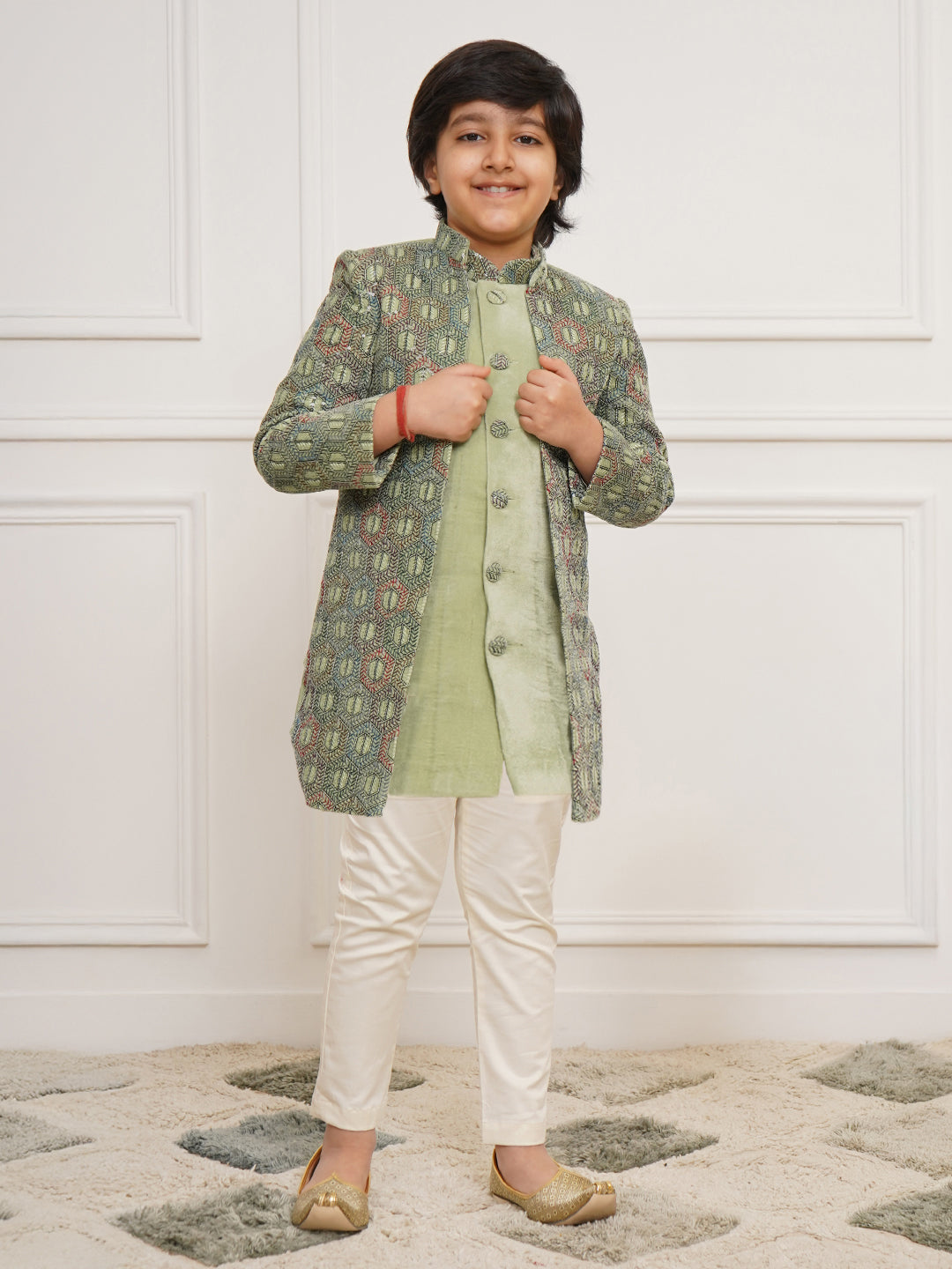 Boy's' Green Indo Western And Pyjama Set