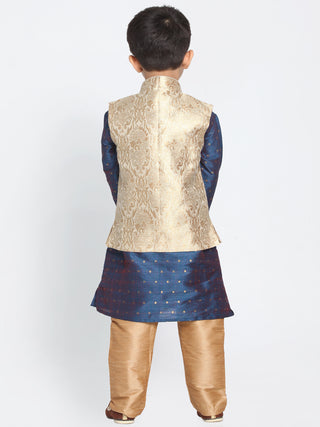 VASTRAMAY Silk Blend Rose Gold and Blue Baap Beta Jacket Kurta Pyjama set