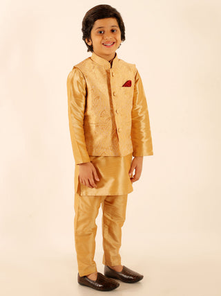 VASTRAMAY Boys Rose Gold Silk Blend Jacket With Kurta Pyjama Set