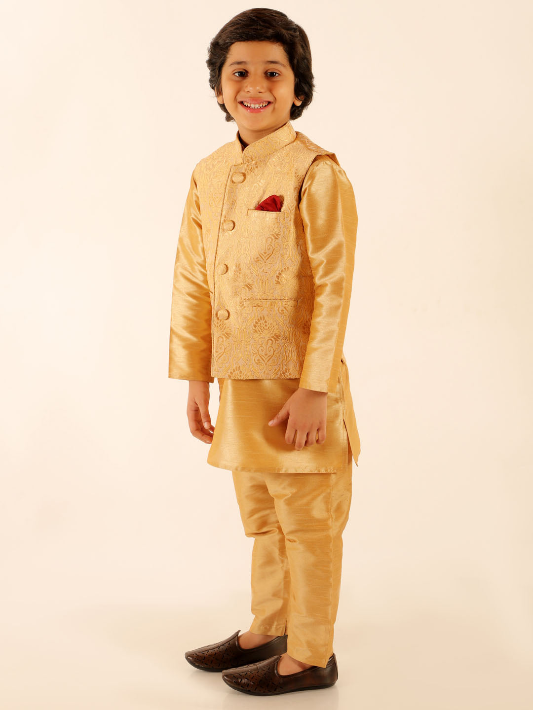 Boy's Rose Gold Silk Blend Jacket With Kurta Pyjama Set