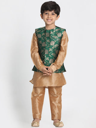 JBN CREATION Boys' Gold Cotton Silk Blend Kurta, Nehru Jacket and Pyjama Set
