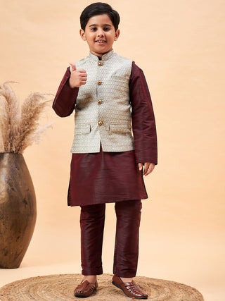 VASTRAMAY Boy's Beige Nehru Jacket With Wine Kurta And Pyjama Set