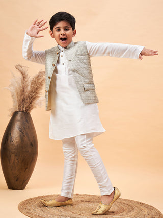 VASTRAMAY Boy's Beige Woven Jacket With White Kurta and Pyjama Set