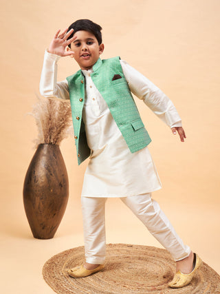 VASTRAMAY Boy's Green Woven Jacket With Cream Kurta and Pyjama Set