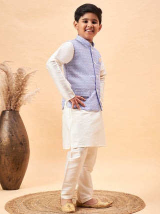 VASTRAMAY Boy's Lavender Woven Jacket With Cream Kurta and Pyjama Set