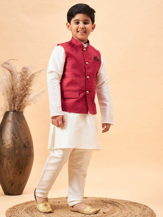 VASTRAMAY Boy's Maroon Nehru Jacket With Cream Kurta And Pyjama Set