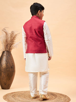 VASTRAMAY Boy's Maroon Nehru Jacket With Cream Kurta And Pyjama Set