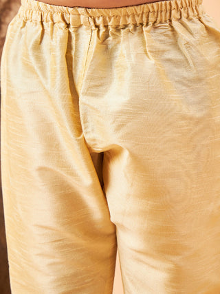 VASTRAMAY Boy's Maroon Woven Jacket With Gold Kurta and Pyjama Set