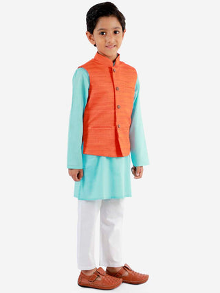 VASTRAMAY Boys Orange Matka Silk Blend Nehru Jacket